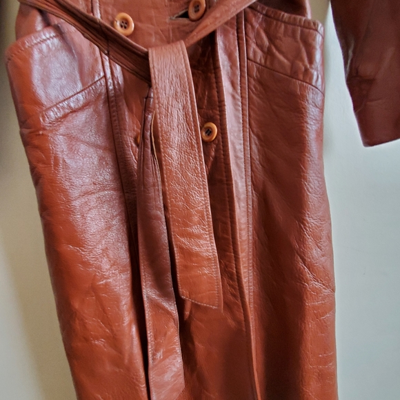 Vintage Cognac Genuine leather jacket fitted long double breasted, w self belt - Picture 6 of 16